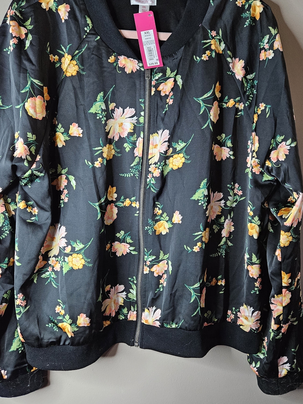 Xhilaration Black Floral Bomber Jacket with Yellow & Pink Flowers
